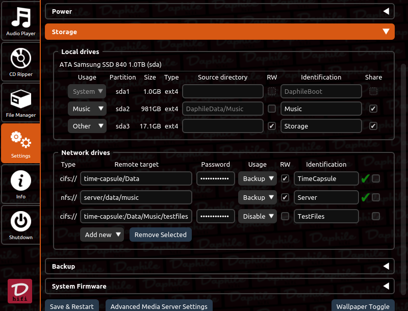 Storages settings